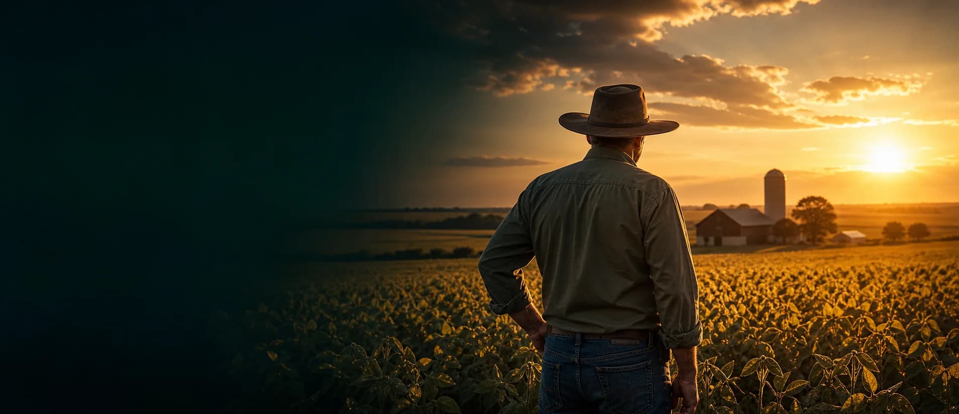 Produtor rural observando a lavoura ao pôr do sol